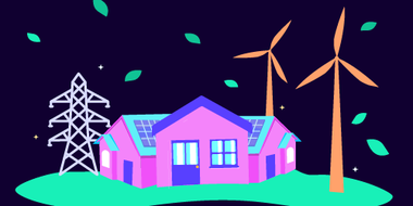 A home with solar panels next to a wind turbine