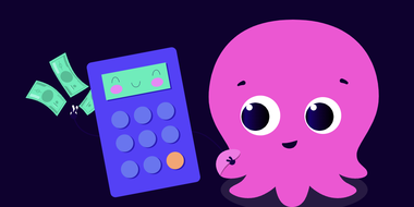 Pink octopus constantine looking at a calculator and money